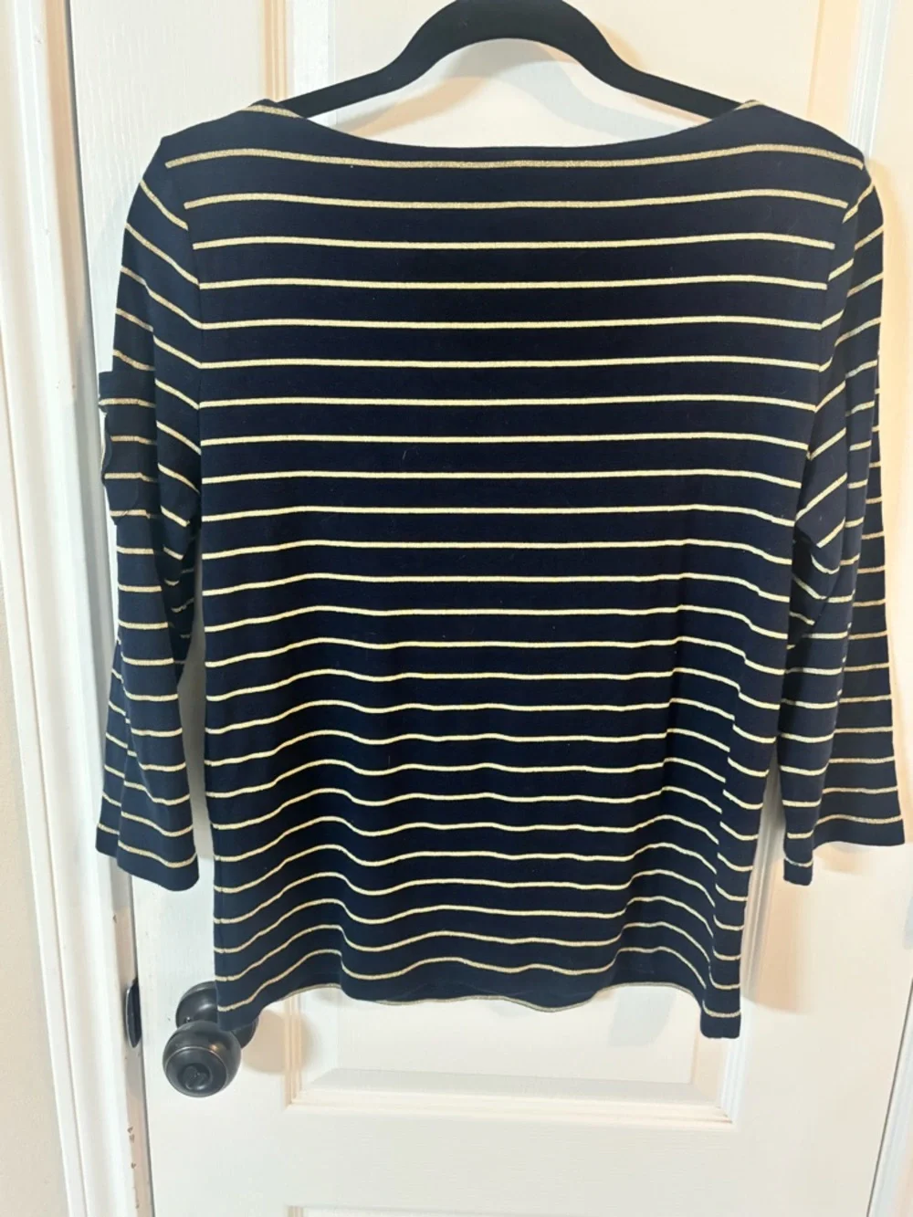 Lauren Ralph Lauren Top LBlue Gold Metallic Striped Boatneck 3/4 Sleeve W/ Logo - Picture 4 of 4